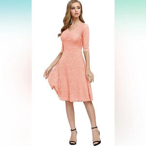 JASAMBAC Cocktail Midi Lace Pink Dress